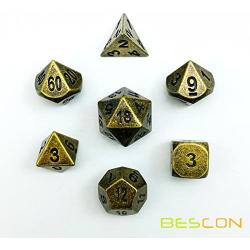 Bescon Ancient Brass Solid Metal Polyhedral D&D Dice Set of 7 Antique Copper Metal RPG Role Playing Game Dice 7pcs Set