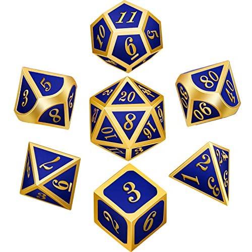 Bememo Polyhedral Metal Dices Set Zinc Alloy with Enamel Solid Metal for DND Game, Tabletop RPG, Dungeons and Dragons, Math Teaching, 7 Pieces Dice Set with Black Velvet Bag (Golden Blue)