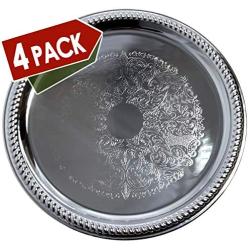 Maro Megastore (Pack of 4) 14-Inch Traditional Round Floral Pattern Engraved Catering Chrome Plated Serving Tray Mirror Plate Silver Metal Platter Tableware Wedding Birthday (Extra Large) T139-14-4pk