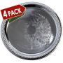 Maro Megastore (Pack of 4) 14-Inch Traditional Round Floral Pattern Engraved Catering Chrome Plated Serving Tray Mirror Plate Silver Metal Platter Tableware Wedding Birthday (Extra Large) T139-14-4pk