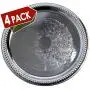 Maro Megastore (Pack of 4) 14-Inch Traditional Round Floral Pattern Engraved Catering Chrome Plated Serving Tray Mirror Plate Silver Metal Platter Tableware Wedding Birthday (Extra Large) T139-14-4pk