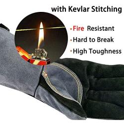 WZQH 16 Inches,932℉,Leather Forge Welding Gloves, with Kevlar Stitching Heat/Fire Resistant,Mitts for BBQ,Oven,Grill,Fireplace,Tig,Mig,Baking,Furnace,Stove,Pot Holder,Animal Handling Glove.Black-Gray