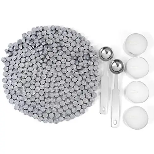 Silver Sealing Wax Beads, Yoption 300 Pieces Octagon Wax Seal Beads Kit with 2 Melting Spoon and 4 Candles for Seal Stamp (Silver)