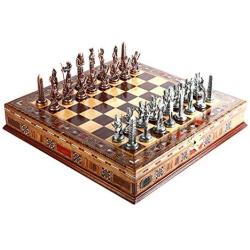 GiftHome Egypt Pharaoh Antique Copper Figures Metal Chess Set for Adults Handmade Pieces and Natural Solid Wooden Chess Board with Pearl Design Around Board and Storage Inside King 3.4inc