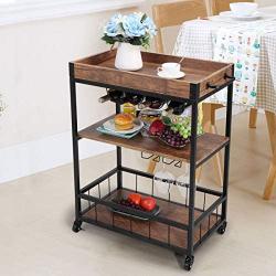 JAXPETY 3-Tier Industrial Bar Mobile Serving Kitchen Cart with Casters, Removable Tray, Wood Metal Serving Trolley, Dining Room Utility Cart, Brown