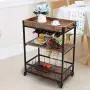 JAXPETY 3-Tier Industrial Bar Mobile Serving Kitchen Cart with Casters, Removable Tray, Wood Metal Serving Trolley, Dining Room Utility Cart, Brown