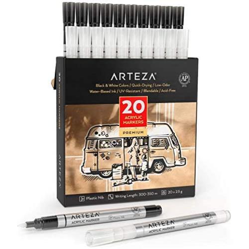 Arteza Acrylic Paint Markers, Set of 20 (10 White, 10 Black), Long Lasting Acrylic Paint Pens with Plastic Nib, Paint On Metal, Canvas, Rock, Ceramic Surfaces, Glass, Wood, and Fabric