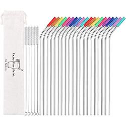 MUTNITT Set of 20 10.5'' Reusable Stainless Steel Straws Bent Reusable Straws with 20 Silicone Tips 5 Cleaning Brush 1 Travel Case Eco Friendly Extra Long Metal Straws Drinking for 20 24 30 oz Tumbler