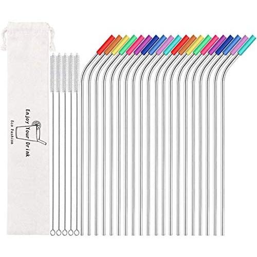 MUTNITT Set of 20 10.5'' Reusable Stainless Steel Straws Bent Reusable Straws with 20 Silicone Tips 5 Cleaning Brush 1 Travel Case Eco Friendly Extra Long Metal Straws Drinking for 20 24 30 oz Tumbler