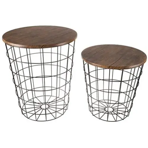 Lavish Home 80-ENDTBL-2 (Set of 2) Nesting End Storage Convertible Round Metal Basket Wood Veneer Top Accent Side Tables, Dark Brown