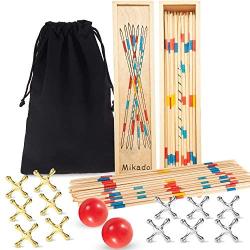 2 Sets Wooden Pickup Sticks Game with Box and 2 Sets Jacks Game Toys Include 2 Pieces Red Rubber Balls and 20 Pieces Metal Jacks for Christmas Retro Party Favors