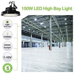 LED High Bay Light 150W 1-10V Dimmable 5000K 21,000lm UFO LED High Bay Light Fixture 5 Cable with US Plug [250W/400W MH/HPS Equiv.] Commercial Warehouse/Workshop/Wet Location Area Light