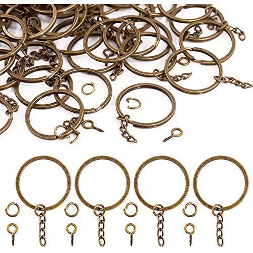 Rustark 300 Pcs 35mm Metal Key Split Chain Ring with Chain Bronze Key Ring, Key Chain Ring Parts, Open Jump Ring and Connector, Screws Eye Pin for Jewelry Findings Making (35mm/Bronze)