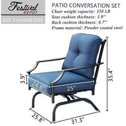 Festival Depot 2 of Outdoor Patio Bistro Armrest Chairs with Cushions Set Premium Fabric Metal Frame Furniture Set Garden Dining Seating Chair Thick & Soft Cushions (Blue)