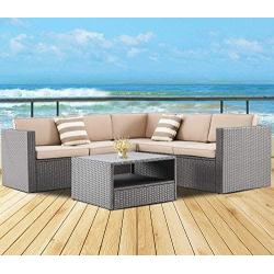 SOLAURA Outdoor Patio Furniture 4-Piece(5 Seats) Furniture Sectional Sofa Set All Weather Conversation Set Warm Grey Wicker with Brown Cushions & Sophisticated Glass Coffee Table