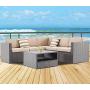 SOLAURA Outdoor Patio Furniture 4-Piece(5 Seats) Furniture Sectional Sofa Set All Weather Conversation Set Warm Grey Wicker with Brown Cushions & Sophisticated Glass Coffee Table