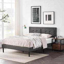 VECELO Upholstered Platform Bed Frame with Height Adjustable Headboard/Mattress Foundation with Strong Slat Support, Easy Assembly, Full, Dark Grey