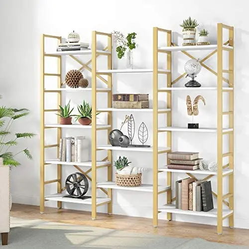 Tribesigns Triple Wide 5-Shelf Bookcase, 5 Tier Etagere Large Open Bookshelf Faux White Marble Look Shelves Wood and Metal Bookcases Furniture for Home & Office, Gold Tribesigns Triple Wide 5-Shelf Bookcase, 5 Tier Etagere Large Open Bookshelf Faux White Marble Look Shelves Wood and Metal Bookcases Furniture for Home & Office, Gold