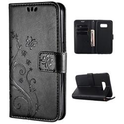 FLYEE Case Compatible with Samsung Galaxy S8 (5.1inch,Released in 2017),Wallet Case for Women and Girls with Card Holder,[Embossed Butterfly Flower] Leather Flip case Kickstand for Galaxy S8-Black