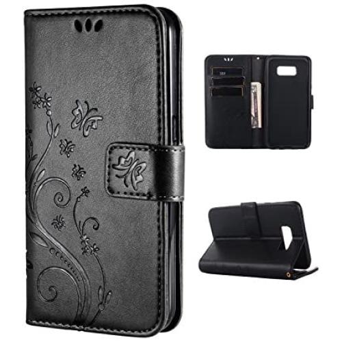 FLYEE Case Compatible with Samsung Galaxy S8 (5.1inch,Released in 2017),Wallet Case for Women and Girls with Card Holder,[Embossed Butterfly Flower] Leather Flip case Kickstand for Galaxy S8-Black
