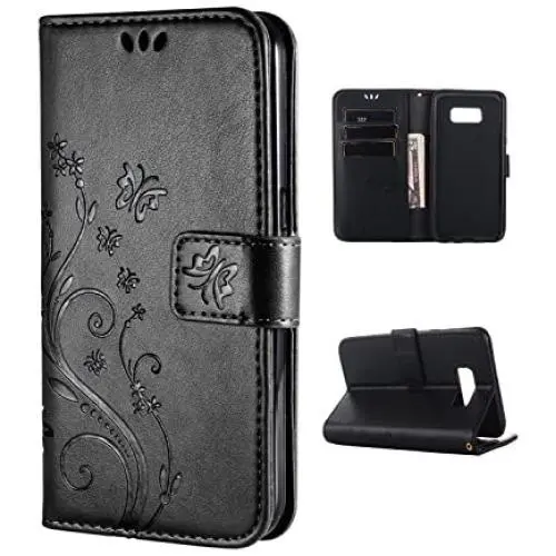 FLYEE Case Compatible with Samsung Galaxy S8 (5.1inch,Released in 2017),Wallet Case for Women and Girls with Card Holder,[Embossed Butterfly Flower] Leather Flip case Kickstand for Galaxy S8-Black
