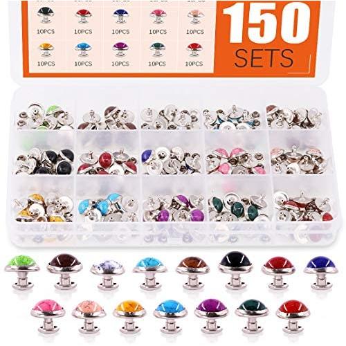 Rustark 150 Sets Turquoise Rapid Rivets 15 Colors Double Cap Spots Studs Button Metal Stud Eyelets Repair Fasteners Snap Buttons for DIY Leather-Craft Bag Shoes Bracelet Dog Collar (10MM)