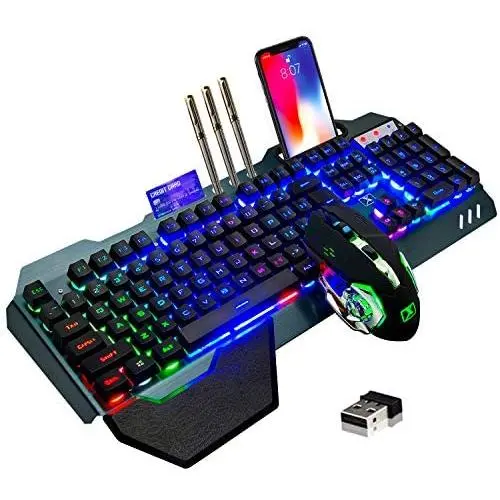 Wireless Gaming Keyboard and Mouse,Rainbow Backlit Rechargeable Keyboard Mouse with 3800mAh Battery Metal Panel,Removable Hand Rest Mechanical Feel Keyboard and 7 Color Gaming Mute Mouse for PC Gamers Wireless Gaming Keyboard and Mouse,Rainbow Backlit Rechargeable Keyboard Mouse with 3800mAh Battery Metal Panel,Removable Hand Rest Mechanical Feel Keyboard and 7 Color Gaming Mute Mouse for PC Gamers