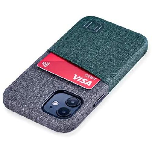 Dockem Wallet Case for iPhone 12 Mini: Built-in Metal Plate for Magnetic Mounting & 1 Credit Card Holder Slot: 5.4'' Luxe M2, Canvas Style Synthetic Leather (Green and Grey)