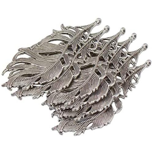 6 Pieces 85mm x 41mm Tibetan Silver Lovely Heavy Huge Bird Feather Charm Pendant for Jewelry Making (Bracelets, Necklaces, chokers, Anklet,), Crafts, Bookmark, Wind Chimes