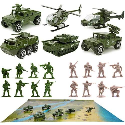 23 Pack Die-cast Military Vehicles Sets,6 Pack Assorted Alloy Metal Army Models Car Toys,16 Pack Soldier Army Men,1 Playmat,Mini Army Toy Tank,Panzer,Anti-Air Vehicle,Helicopter Playset for Kids Boys