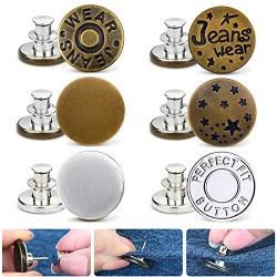 Aqringo 6 Pcs Jean Button Pins, No Sew Instant Buttons Jean Button Replacement Adjustable Button Pins for Jeans Detachable Pants Button Pins Add or Reduce Pants Waist in Seconds, No Tools Require