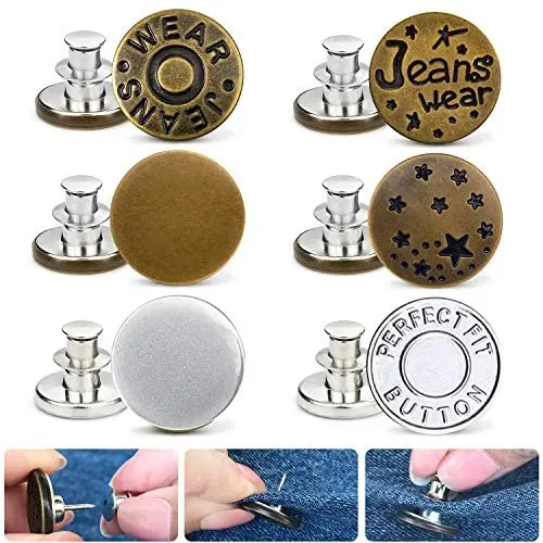 Aqringo 6 Pcs Jean Button Pins, No Sew Instant Buttons Jean Button Replacement Adjustable Button Pins for Jeans Detachable Pants Button Pins Add or Reduce Pants Waist in Seconds, No Tools Require Aqringo 6 Pcs Jean Button Pins, No Sew Instant Buttons Jean Button Replacement Adjustable Button Pins for Jeans Detachable Pants Button Pins Add or Reduce Pants Waist in Seconds, No Tools Require
