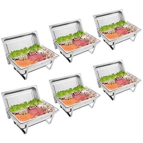 ROVSUN 8 Qt 6 Pack Full Size Stainless Steel Chafing Dishes Buffet Silver Rectangular Catering Chafer Warmer Set with Trays Pan Lid Folding Frame for Kitchen Party Banquet Dining