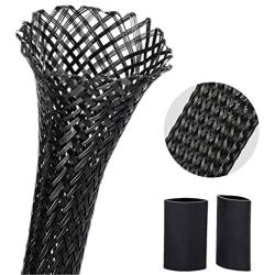 Braided PET Expandable Wire Loom 10Ft - 1/4 Inch, Braided Wire Sleeving Mesh Cable Management with 2 Heat Shrinkable Tubes, Braided Cable Sleeve for Home Office Cord Protector - Black