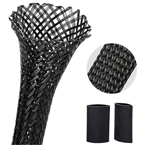 Braided PET Expandable Wire Loom 10Ft - 1/4 Inch, Braided Wire Sleeving Mesh Cable Management with 2 Heat Shrinkable Tubes, Braided Cable Sleeve for Home Office Cord Protector - Black