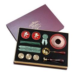 Wisboc Wax Seal Stamp Kit with 4Pcs Wax Stamp Brass Heads 20Pcs Retro Ribbons Sealing Wax Warmer Wax Sticks Wax Spoon Vintage Gift Box Set for Envelopes, Wedding Invitation Cards PaleGreen