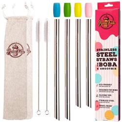 BOBA FIDE 9.4” & 8.5” Stainless Steel Boba & Smoothie Straws + Safety Silicone Tips & Brushes in 2 Travel Cases, Angled Tip Extra Wide Bubble Tea Milkshake Straws, 4 Reusable Metal Straws