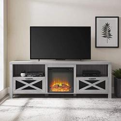 Walker Edison Calgary Industrial Farmhouse X-Drawer Metal Mesh and Wood Fireplace TV Stand for TVs up to 80 Inches, 70 Inch, Stone Grey