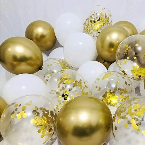 Confetti Balloons 12'' Party Balloons Latex Balloons Birthday Balloons Baby Shower Balloons Wedding Balloons for More Parties 50 Pcs Pack-White, Gold, Golden Confettii Balloons with Ribbon