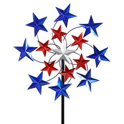 Exhart Star Spangled Wind Spinner - Pinwheels Outdoor Decor w/American Themed Metal Design - Kinetic Art Garden Spinner with Blue, Red, and White Stars Spinning Blades, 20'' L x 7'' W x 83'' H