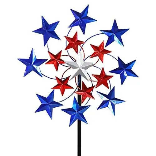 Exhart Star Spangled Wind Spinner - Pinwheels Outdoor Decor w/American Themed Metal Design - Kinetic Art Garden Spinner with Blue, Red, and White Stars Spinning Blades, 20'' L x 7'' W x 83'' H Exhart Star Spangled Wind Spinner - Pinwheels Outdoor Decor w/American Themed Metal Design - Kinetic Art Garden Spinner with Blue, Red, and White Stars Spinning Blades, 20'' L x 7'' W x 83'' H