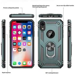 LeYi Compatible for iPhone XR Case with Tempered Glass Screen Protector [2Pack] for Women Men Teens, [Military-Grade] Phone Case with Ring Kickstand for Apple iPhone XR 10 10 XR, Midnight Green