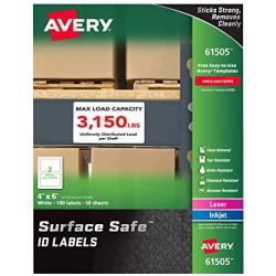 AVERY Surface Safe Durable ID Labels, Removable Adhesive, Water Resistant, 4'' x 6'', 100 Labels (61505), White