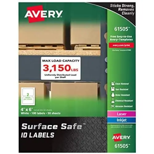AVERY Surface Safe Durable ID Labels, Removable Adhesive, Water Resistant, 4'' x 6'', 100 Labels (61505), White AVERY Surface Safe Durable ID Labels, Removable Adhesive, Water Resistant, 4'' x 6'', 100 Labels (61505), White