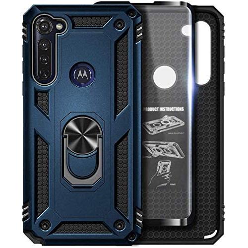 E-Began Case for Motorola Moto G Stylus (2020) with Tempered Glass Screen Protector, Metal Magnetic Ring Holder, Full-Body Protective Military Armor Phone Cover Case -Navy Blue