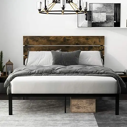 Einfach Rustic Platform Metal Bed Frame with Wooden Headboard and Footboard/Mattress Foundation with Strong Slat Support/No Box Spring Needed/Easy Assembly,Full Einfach Rustic Platform Metal Bed Frame with Wooden Headboard and Footboard/Mattress Foundation with Strong Slat Support/No Box Spring Needed/Easy Assembly,Full