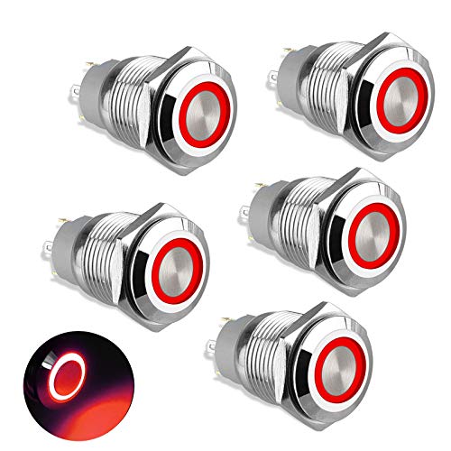 Linkstyle 5Pcs 19mm Latching Push Button Switch 12V 24V with Red LED Waterproof 4 Pin Metal ON/Off SPDT Switch for 3/4'' Mounting Hole, Lighted Automotive Self-Locking Switch for Car RV Truck Boat