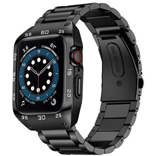 HATALKIN Compatible with Apple Watch Band 44mm with Metal Bumper Case,Rugged Men Bands for Apple Watch SE/iWatch Series 6 5 4,Stainless Steel Protective Cases Protector Drop-Proof Shockproof (Black)