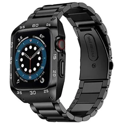 HATALKIN Compatible with Apple Watch Band 44mm with Metal Bumper Case,Rugged Men Bands for Apple Watch SE/iWatch Series 6 5 4,Stainless Steel Protective Cases Protector Drop-Proof Shockproof (Black)