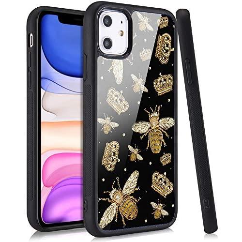 LuGeKe Queen Bee Print Phone Case for iPhone 7/iPhone 8/iPhone SE 2020,Golden Crown Pattern Case Cover,Soft Silicone Case Metal Sheet Anti-Stratch Bumper Protective Girls Phonecase(Fashion Bee)